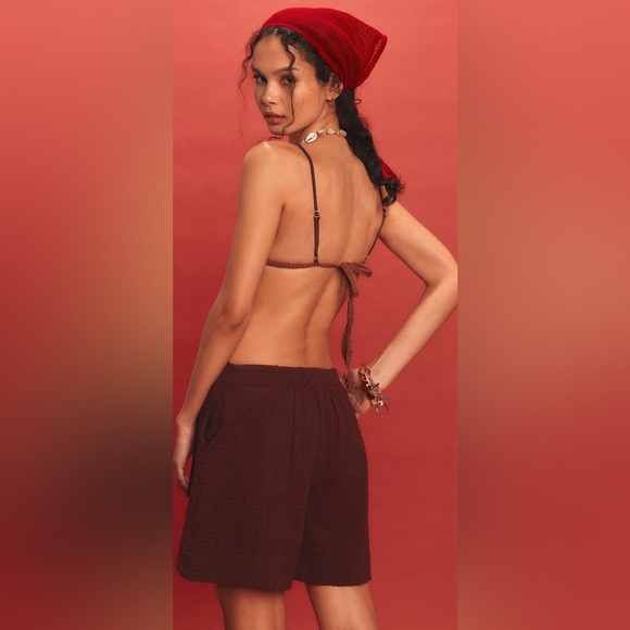 NWT Free People Pucker Chocolate Fondant Check Wrap Shorts Tie-Waist Shorts - Picture 5 of 8